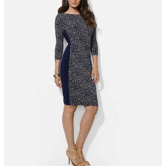 Lauren Ralph Lauren Navy Tan Contrast Panel Stretch Jersey Dress Womens Size 8 - Picture 1 of 11